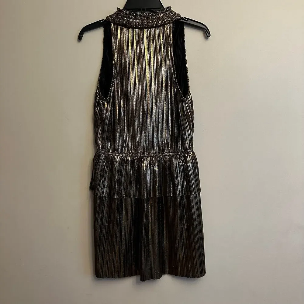 Moon River Metallic Pleated Sleeveless Mini Dress Medium Gold Black Party - Picture 3 of 7